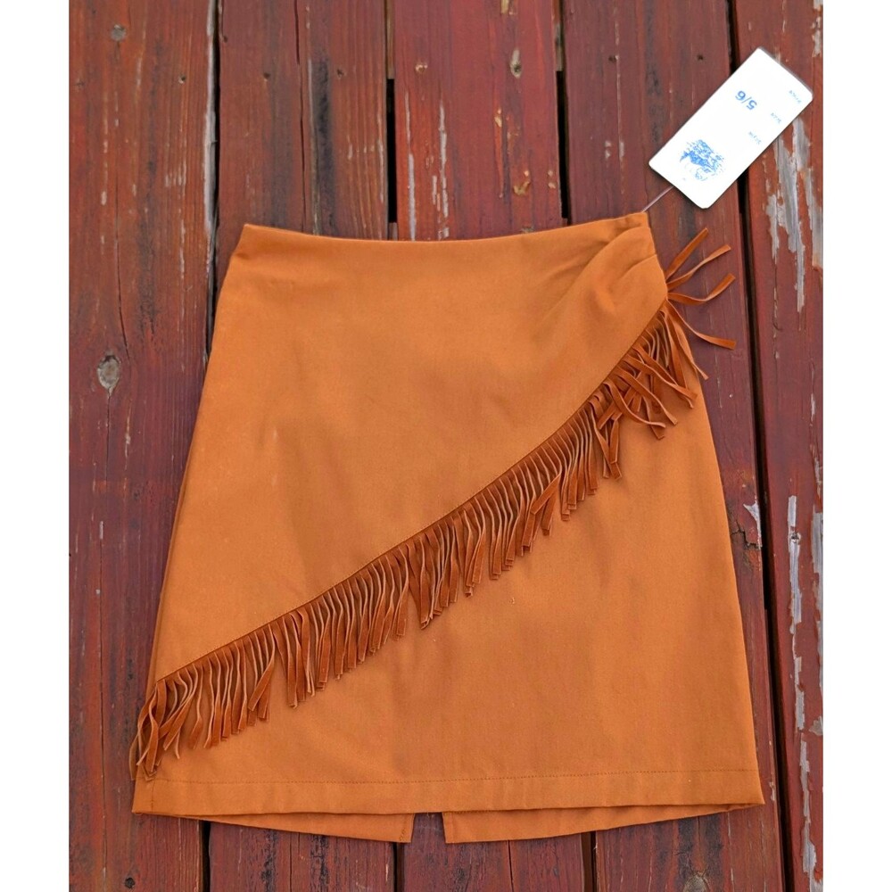 VTG Western Attitude Rodeo Brown  Fringe Chuck Wagon Cowgirl Cotton Skirt Sz 6